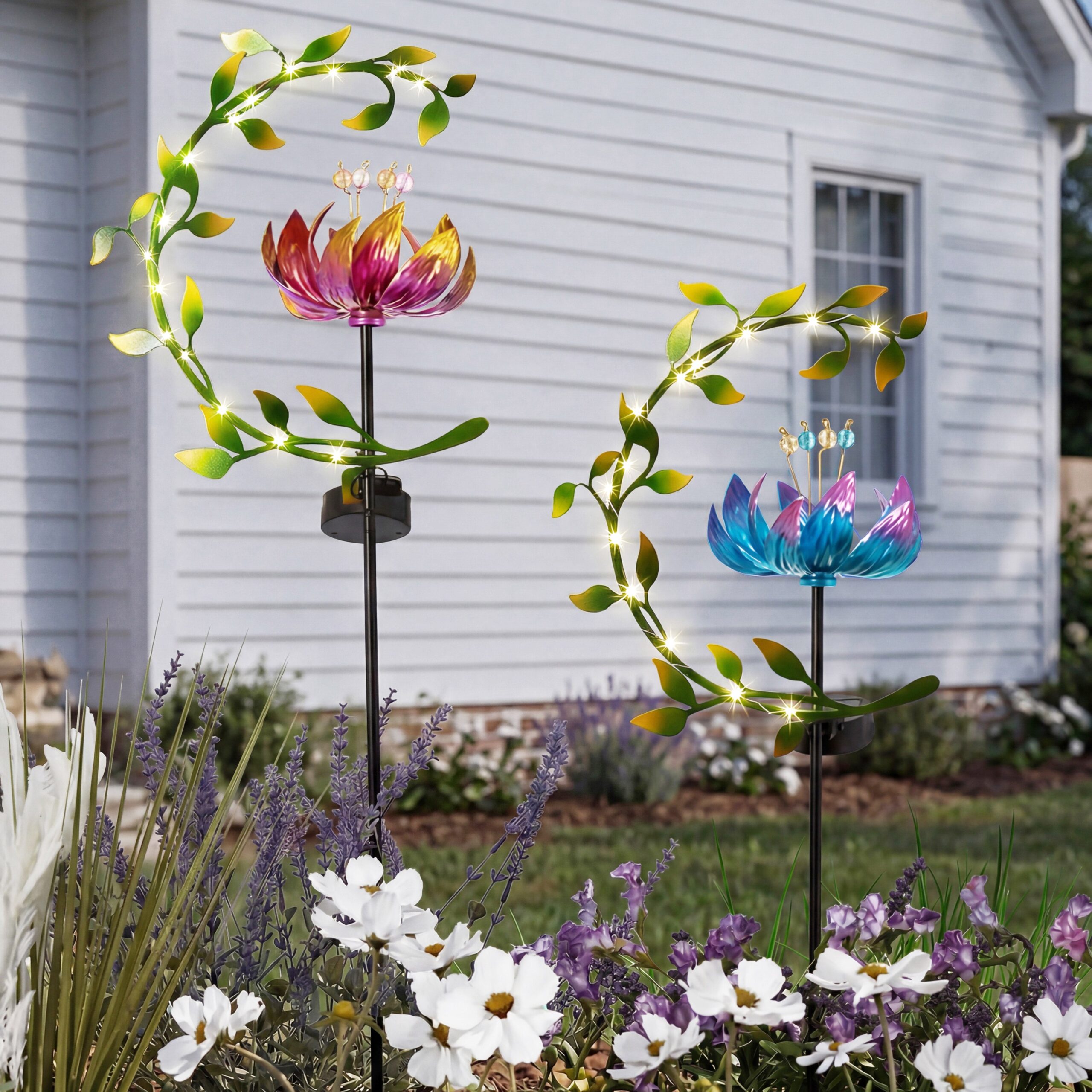 Solar-Flower-and-Leaves-Wind-Spinner-Garden-Stake-Red-or-Blue-2